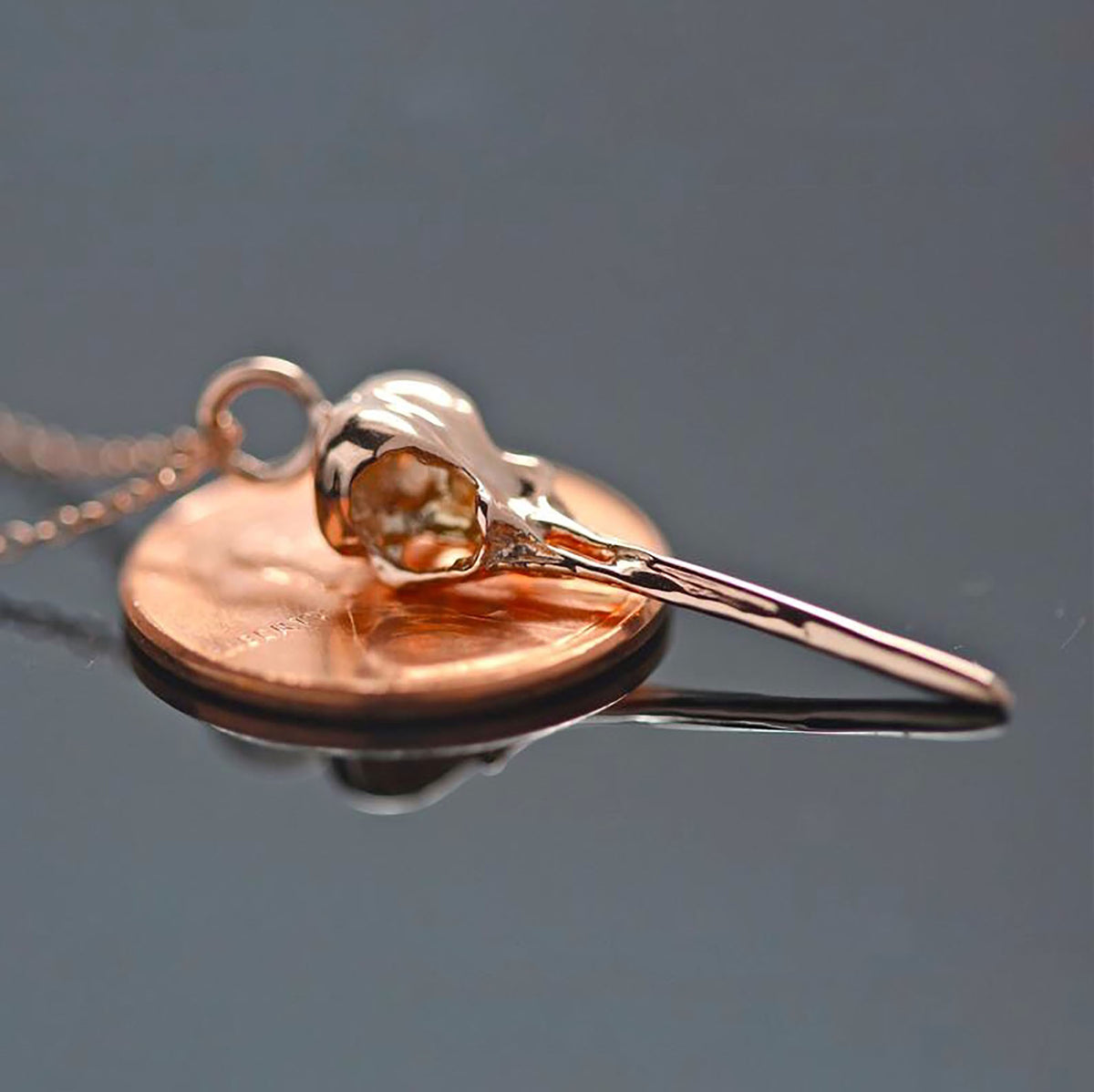 14K Solid Rose Gold Hummingbird Skull Necklace by Oracle Jayne Station